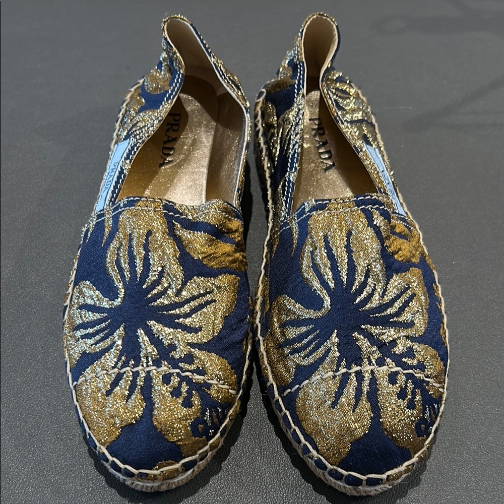 Prada Women's Espadrilles in Gold and Blue